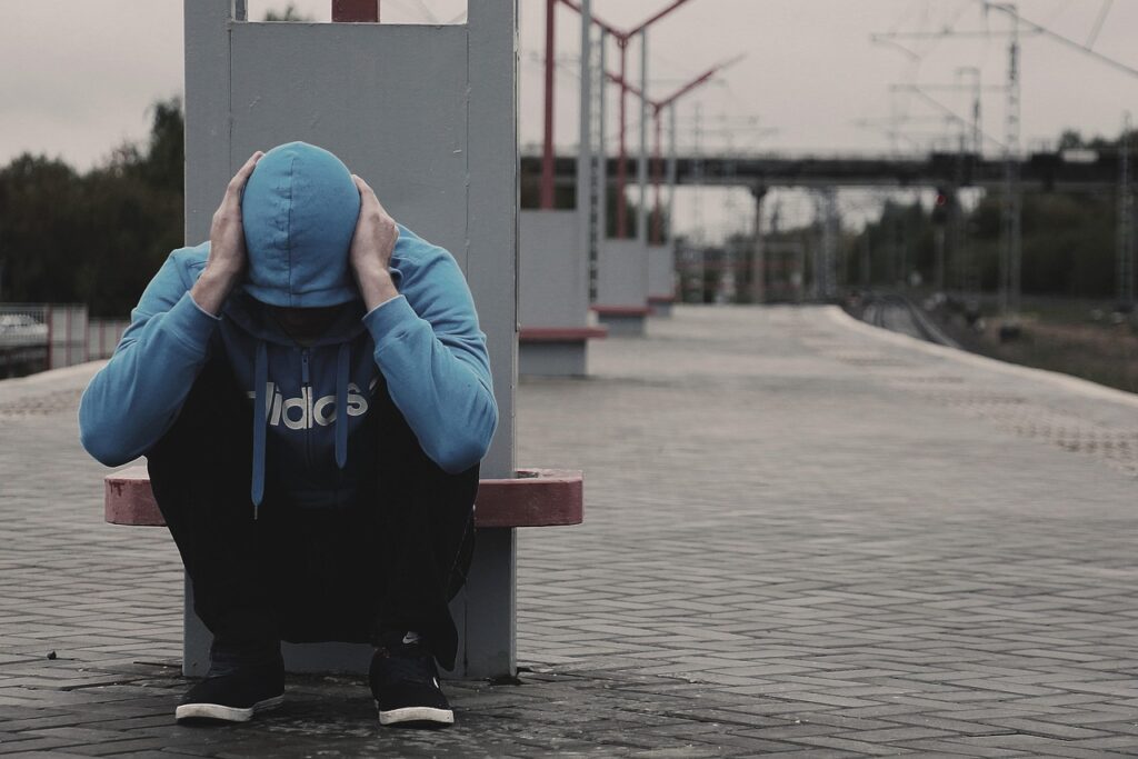 railway station, man, fear, hopelessness, tramp
